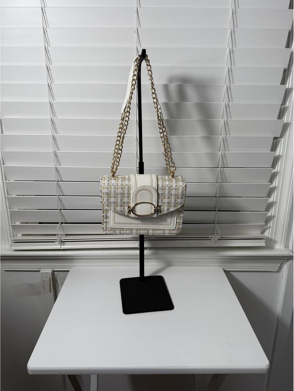 Cream Tweed and White Vegan Leather Shoulder Bag Gold Chain Strap Crossbody